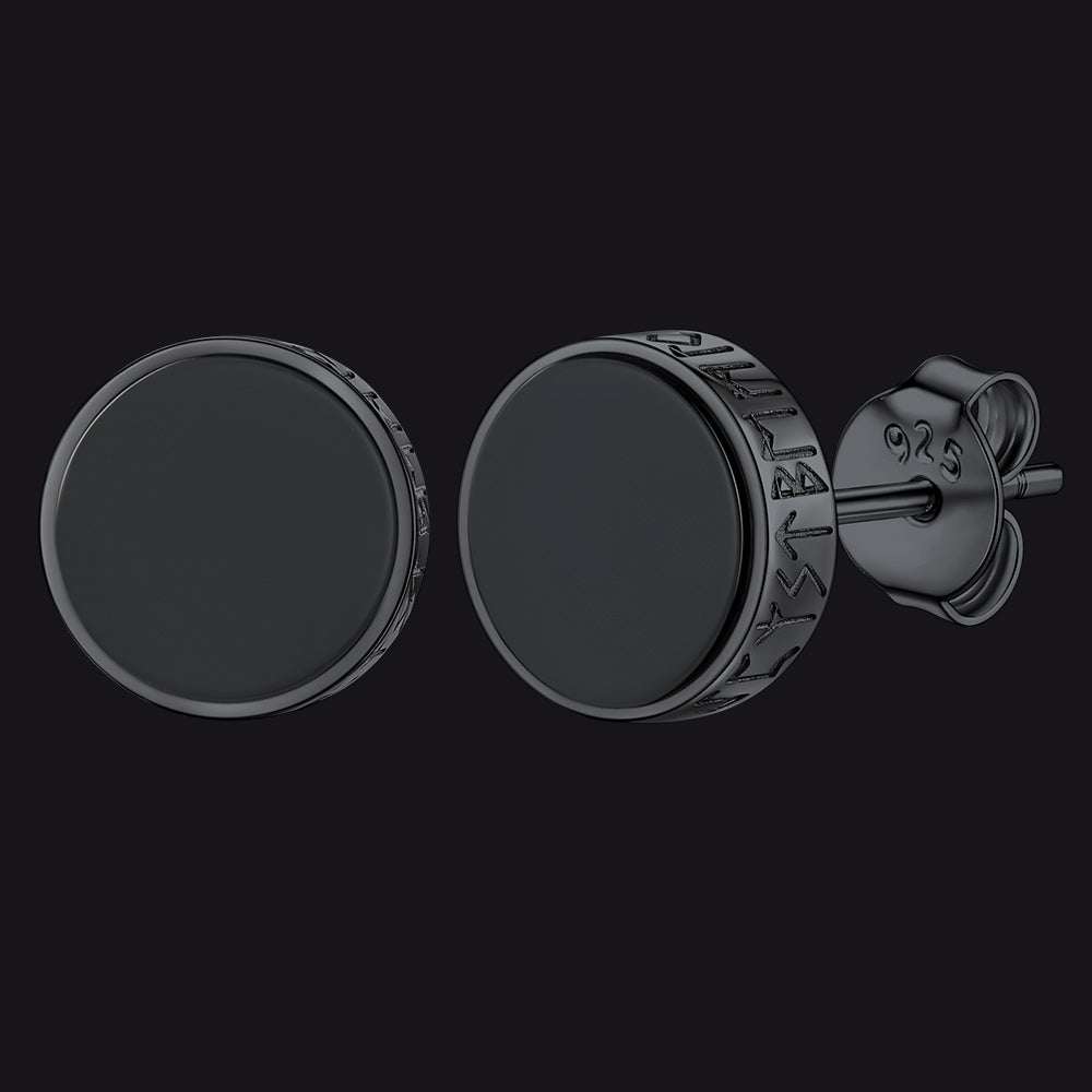 Sterling Silver Viking Runes Black Onyx Stud Earrings for
