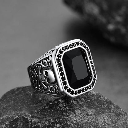 Gothic Skull Black Onyx Stone Signet Ring for