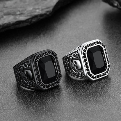 Gothic Skull Black Onyx Stone Signet Ring for