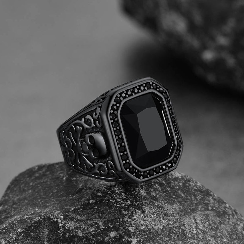 Gothic Skull Black Onyx Stone Signet Ring for