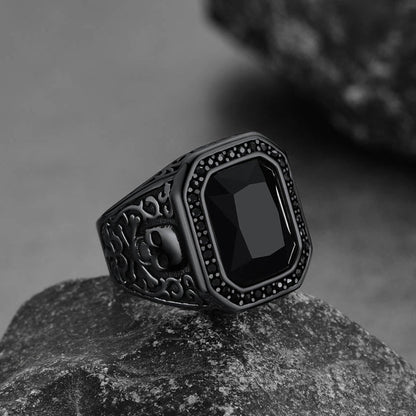 Gothic Skull Black Onyx Stone Signet Ring for