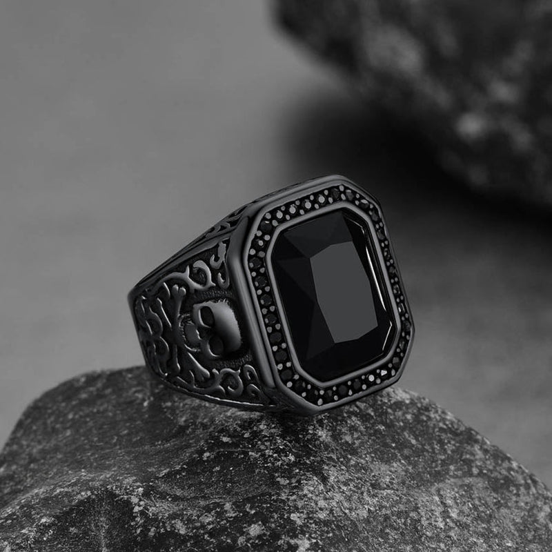 Gothic Skull Black Onyx Stone Signet Ring for
