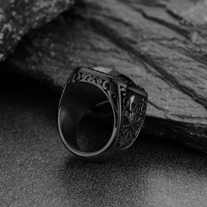 Gothic Skull Black Onyx Stone Signet Ring for