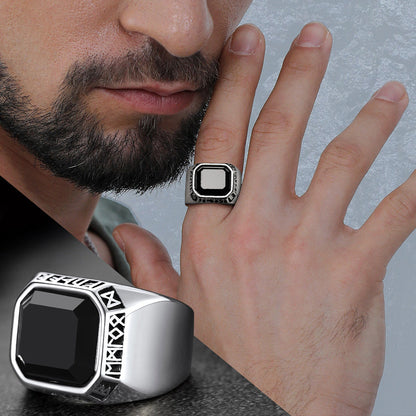 Customized Black Onyx Ring With Viking Runes for
