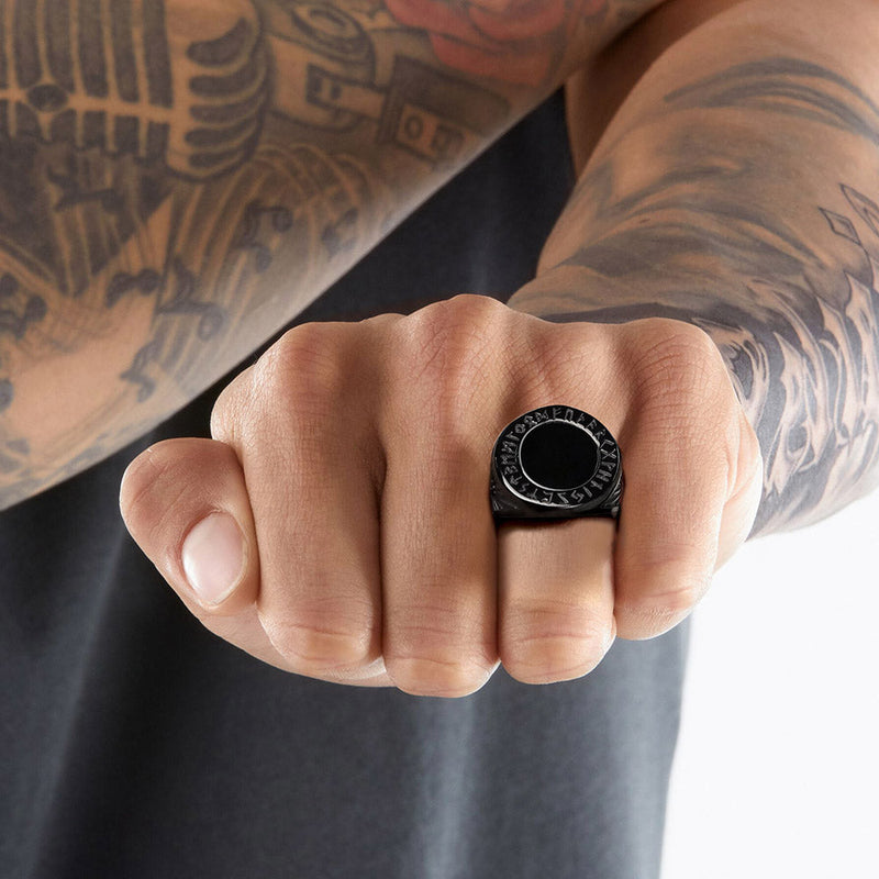 Black Onyx Signet Ring With Viking Runes for