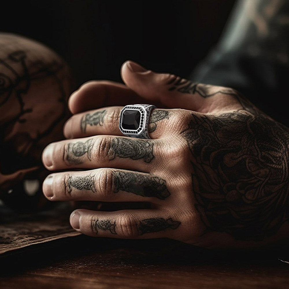 Gothic Skull Black Onyx Stone Signet Ring for