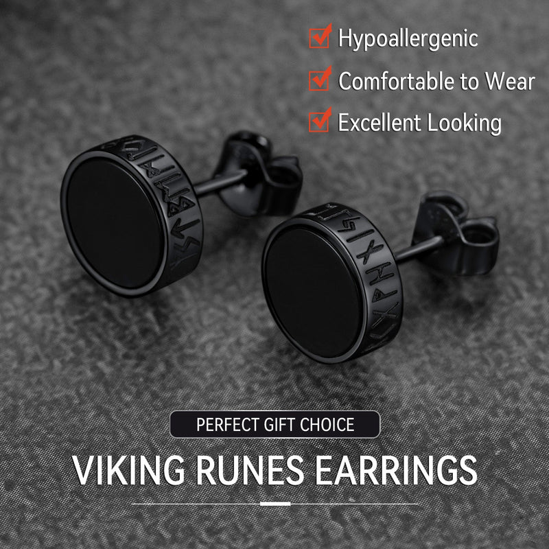 Sterling Silver Viking Runes Black Onyx Stud Earrings for