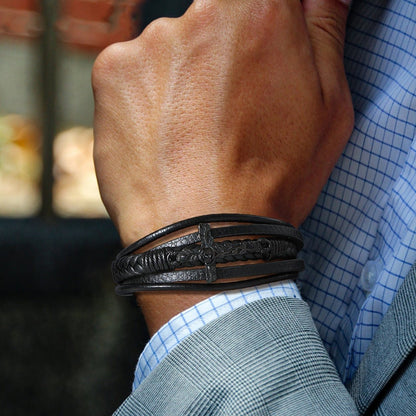 Christian Black Rose Cross Braided Leather Bracelet Gift for