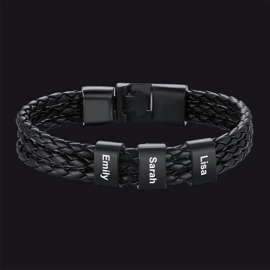 Customized Braided Leather Bracelet With Name Beads for