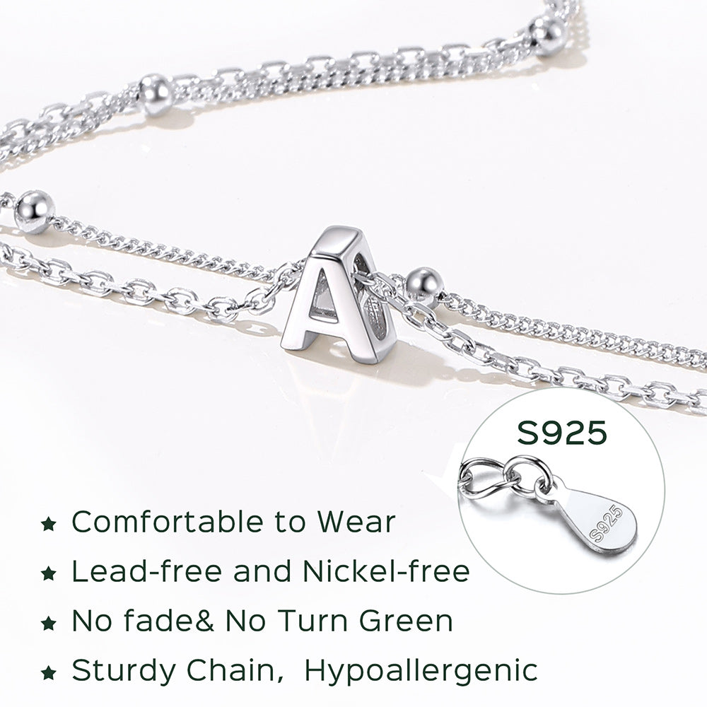 925 Sterling Silver Bead Chain Layered Initial Anklets for Girlfriend Gift