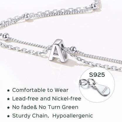 925 Sterling Silver Bead Chain Layered Initial Anklets for Girlfriend Gift