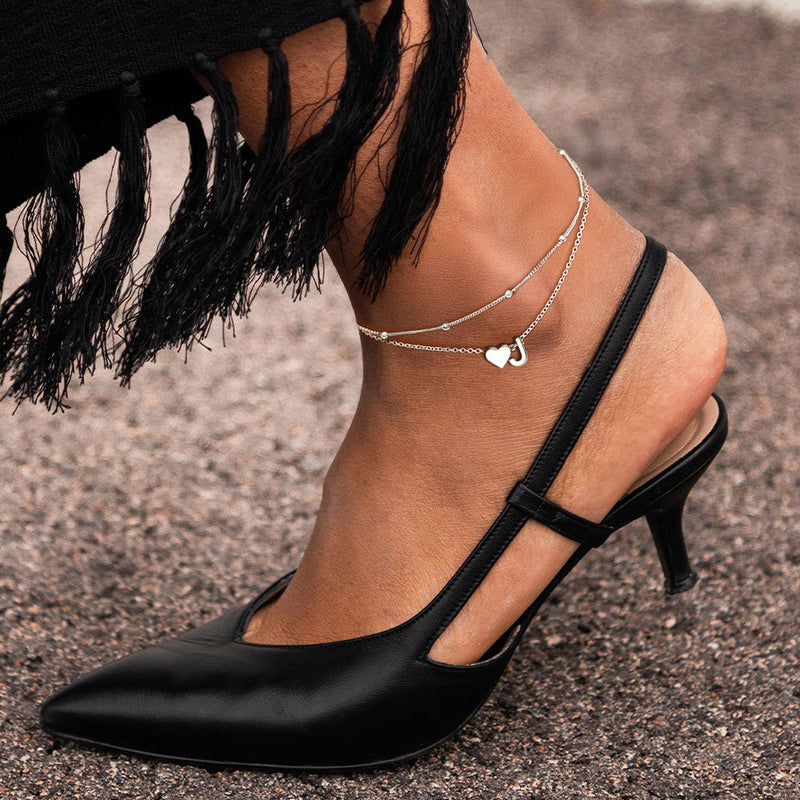 Sterling Silver Initial Heart Layered Anklet for
