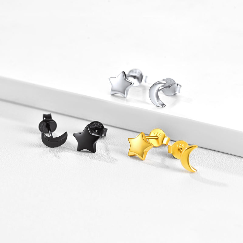 Sterling Silver Star Moon Stud Earrings for