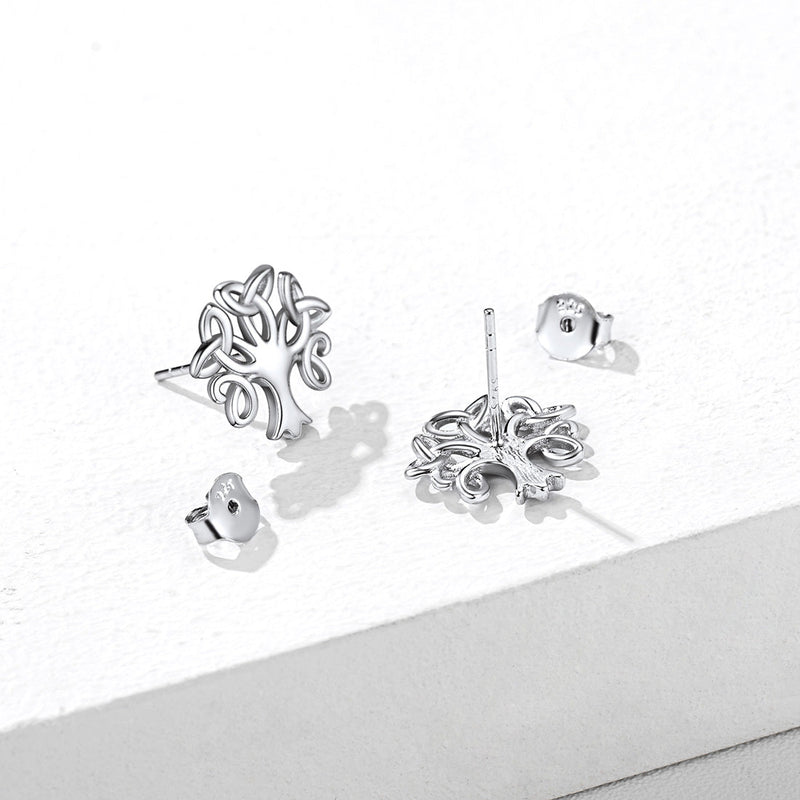 Silver Celtic Knot Tree of Life Stud Earrings for