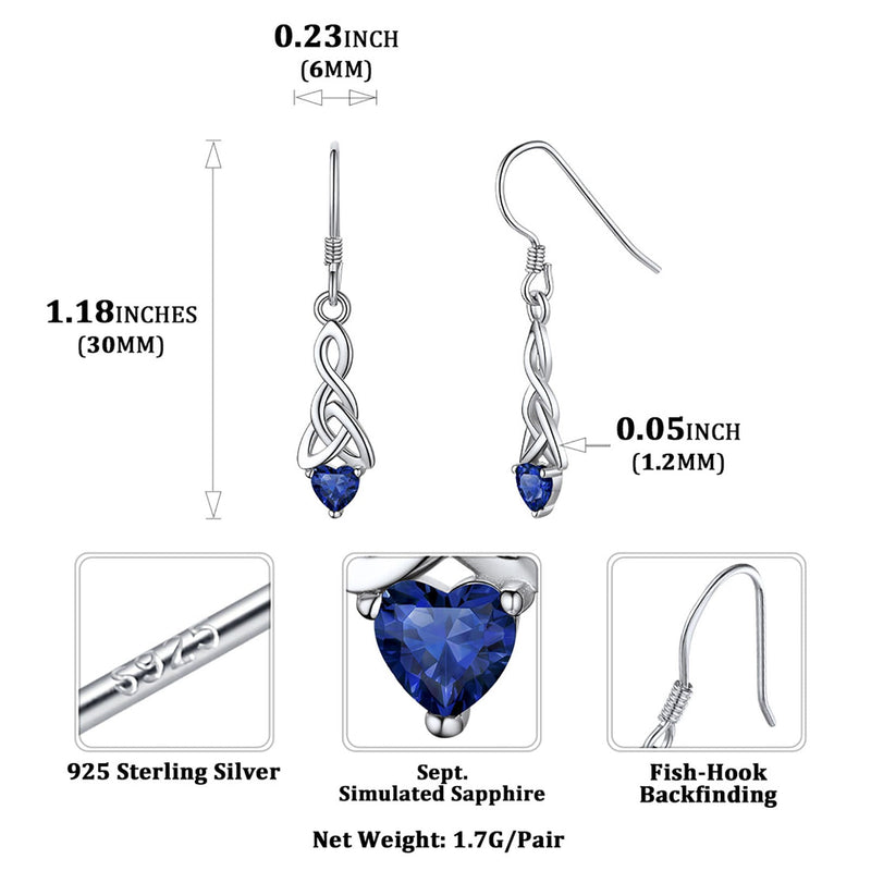 Sterling Silver Celtic Knot With Heart Birthstone Drop Earrings for