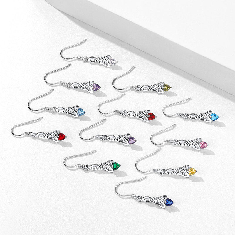 Sterling Silver Celtic Knot With Heart Birthstone Drop Earrings for