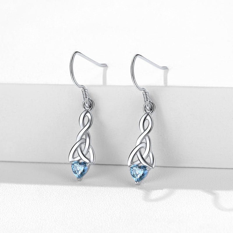 Sterling Silver Celtic Knot With Heart Birthstone Drop Earrings for