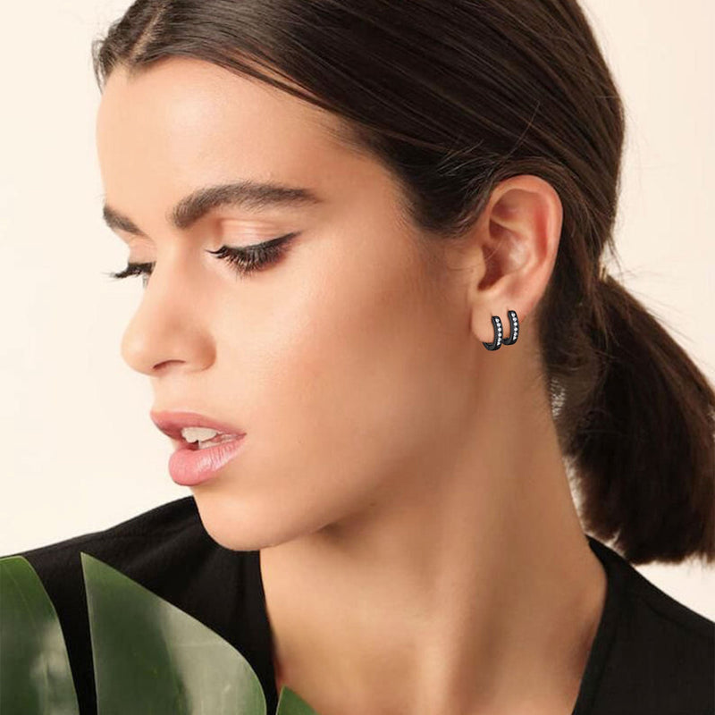 Flash Sterling Silver Black Onyx Huggie Hoop Earrings for