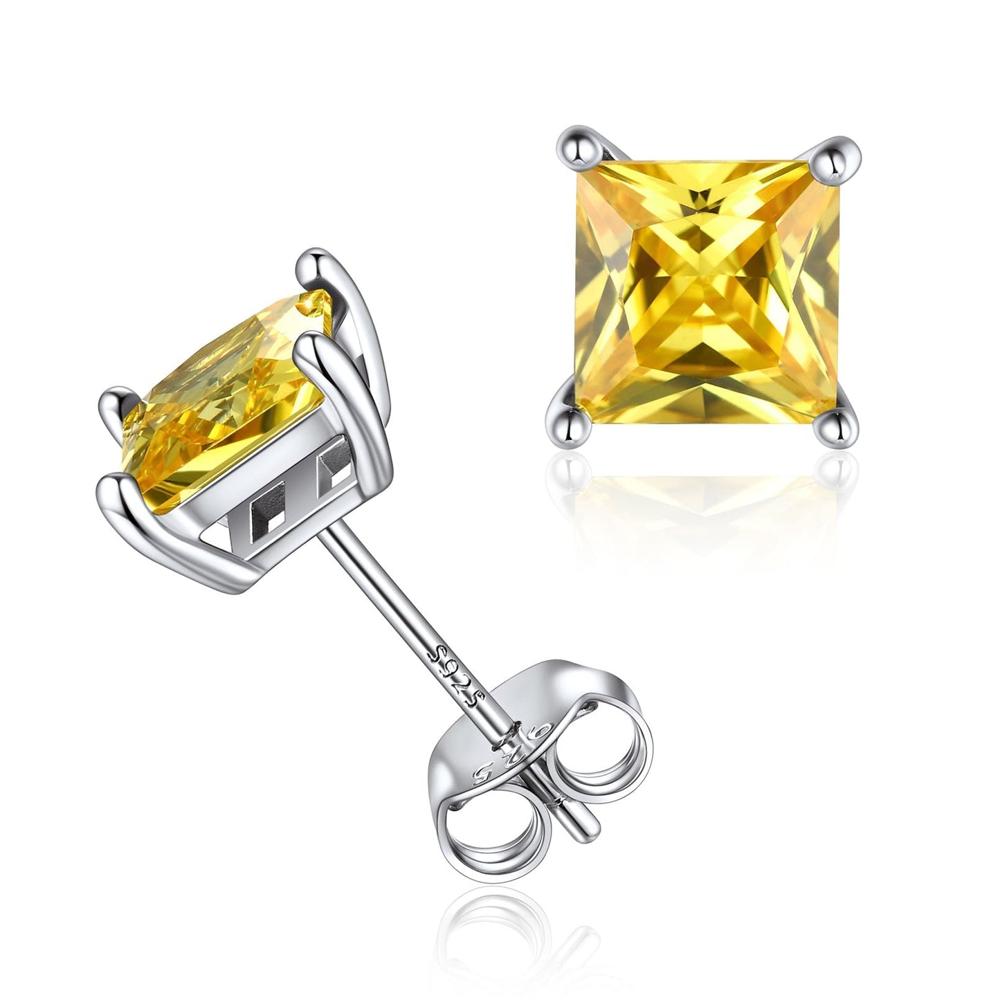 Sterling Silver Princess Cut Birthstone Stud Earrings Gift for Her