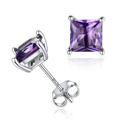 Sterling Silver Princess Cut Birthstone Stud Earrings Gift for Her
