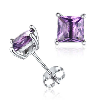 Sterling Silver Princess Cut Birthstone Stud Earrings Gift for Her