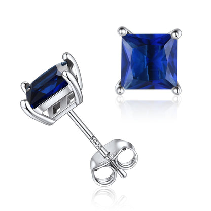 Sterling Silver Princess Cut Birthstone Stud Earrings Gift for Her