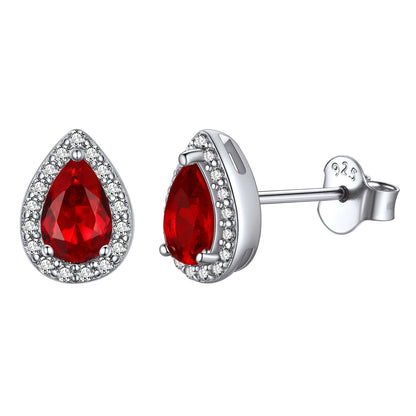 Silver Birthstone Teardrop Halo Stud Earrings for