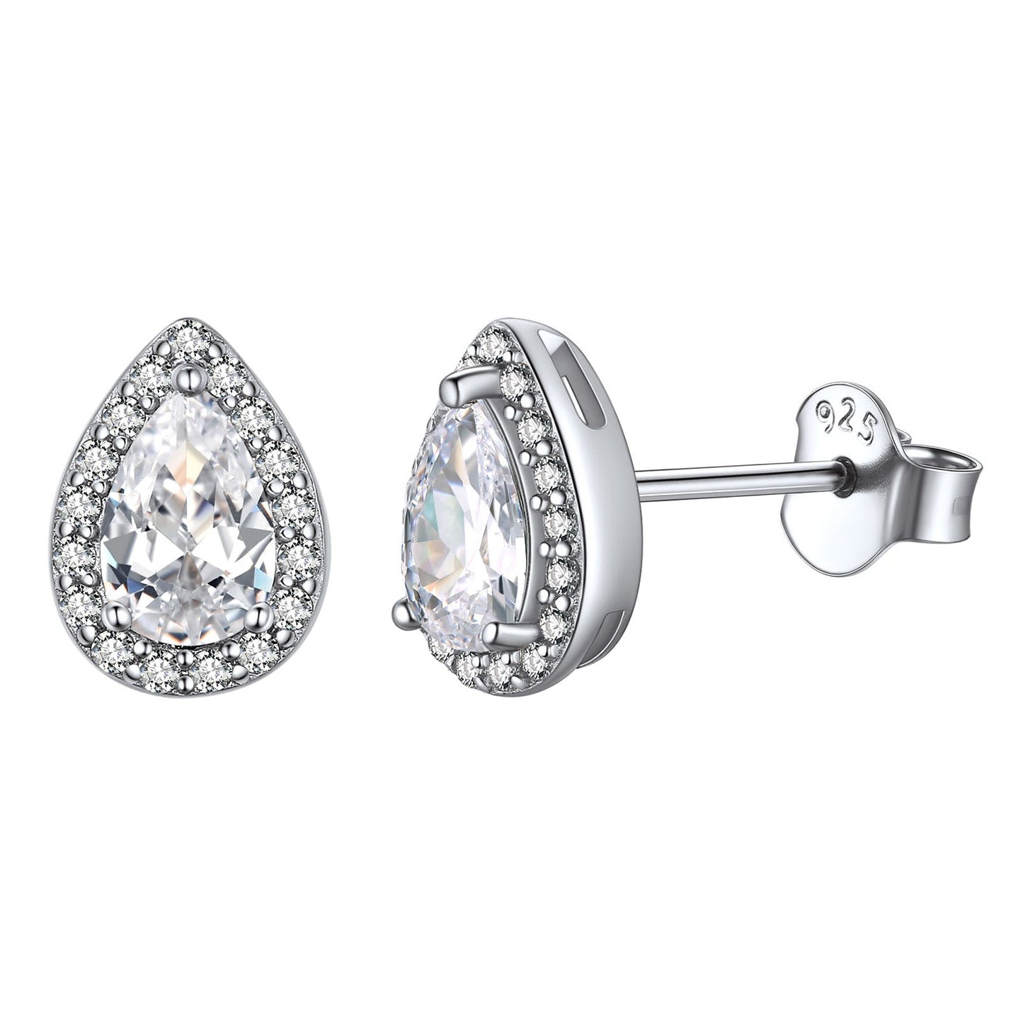 Silver Birthstone Teardrop Halo Stud Earrings for