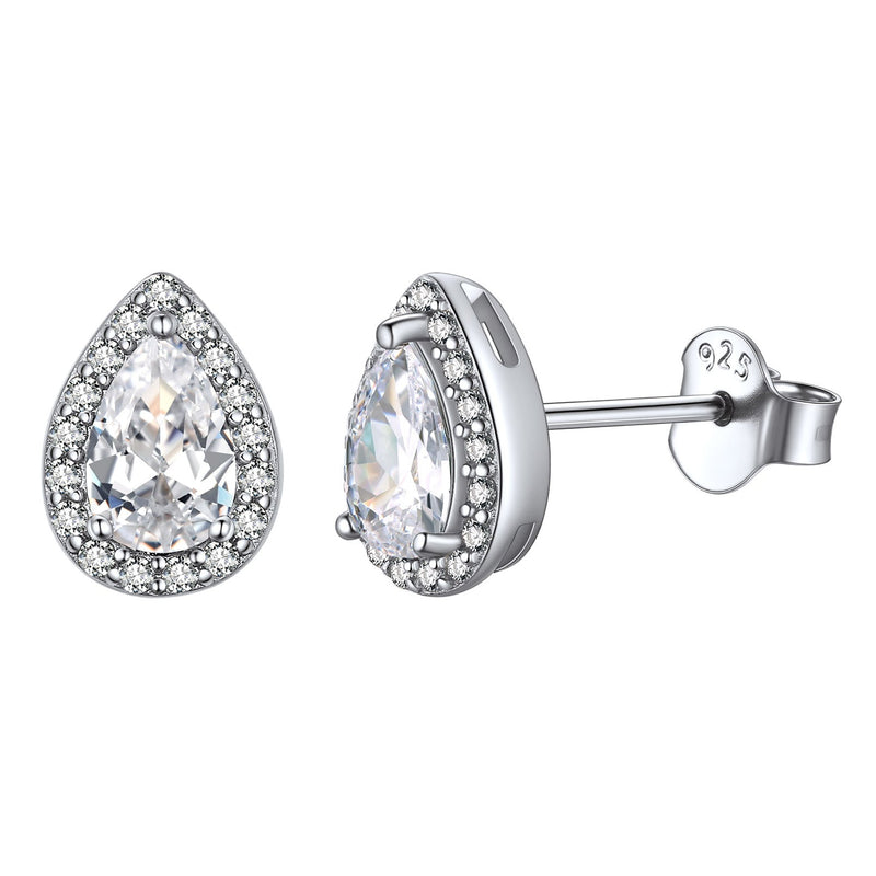 Silver Birthstone Teardrop Halo Stud Earrings for