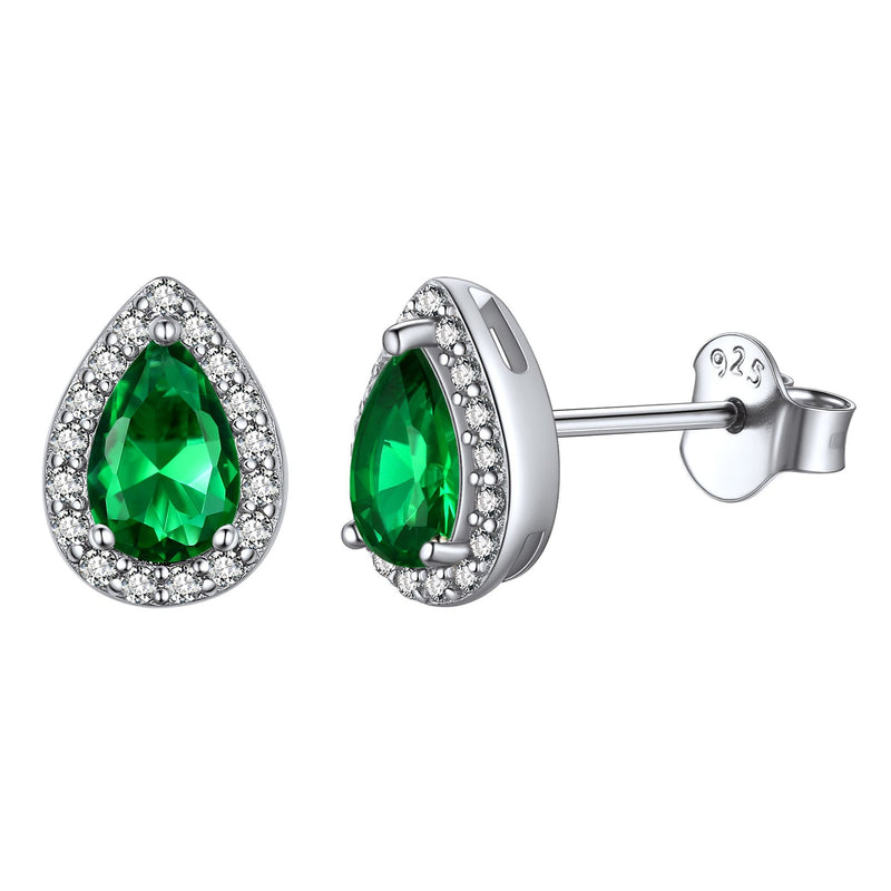 Silver Birthstone Teardrop Halo Stud Earrings for
