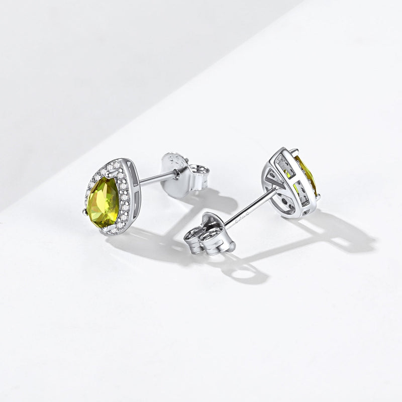 Silver Birthstone Teardrop Halo Stud Earrings for