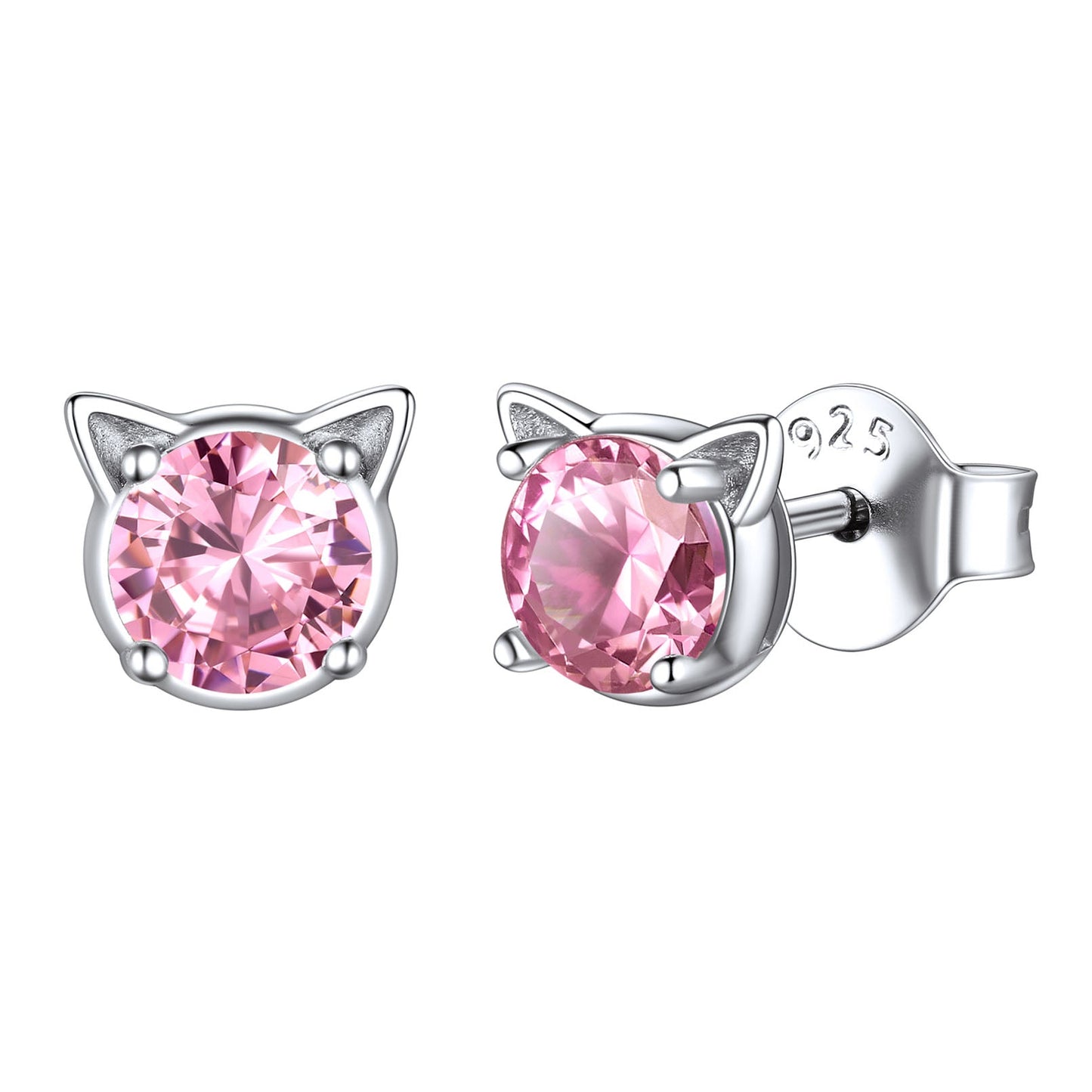 Silver Birthstone Cat Stud Earrings for Cat Lovers
