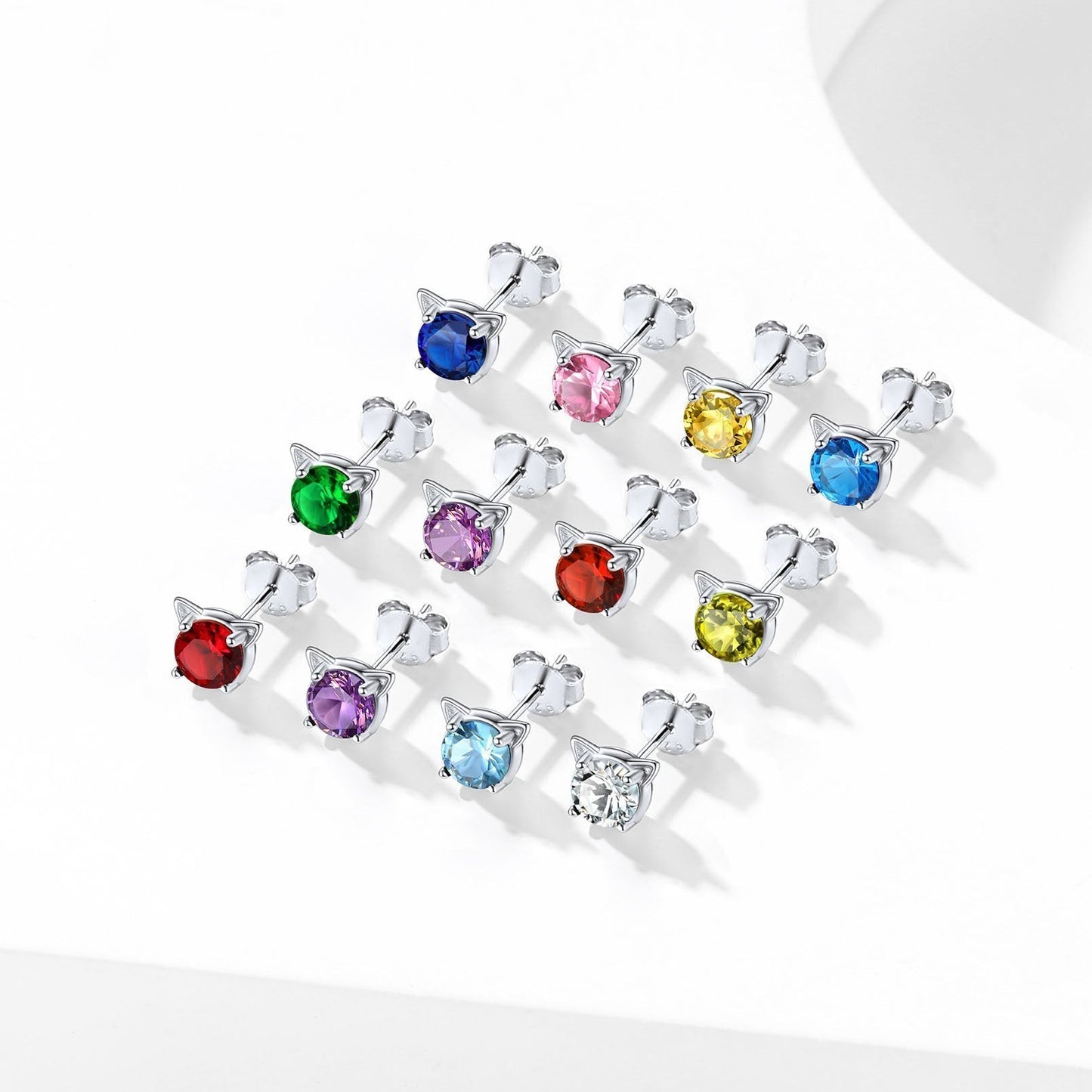 Silver Birthstone Cat Stud Earrings for Cat Lovers