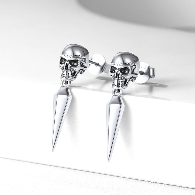 Sterling Silver Gothic Skull Dangle Stud Earrings for