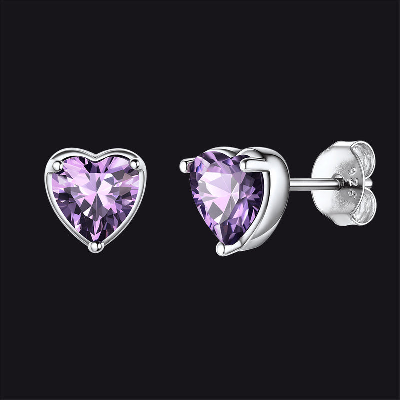 Silver Heart Birthstone Stud Earrings for