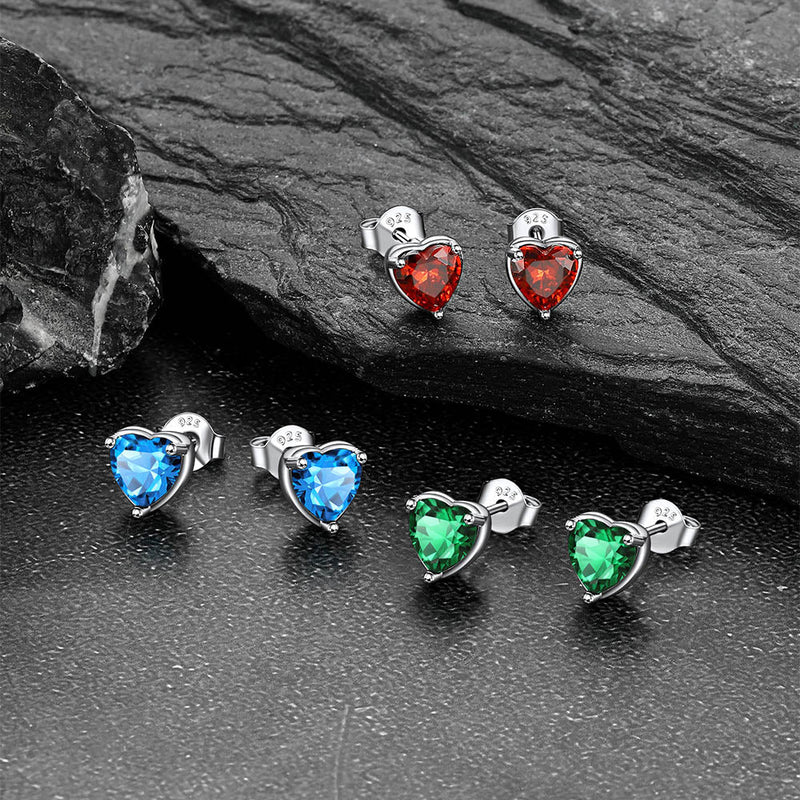 Silver Heart Birthstone Stud Earrings for