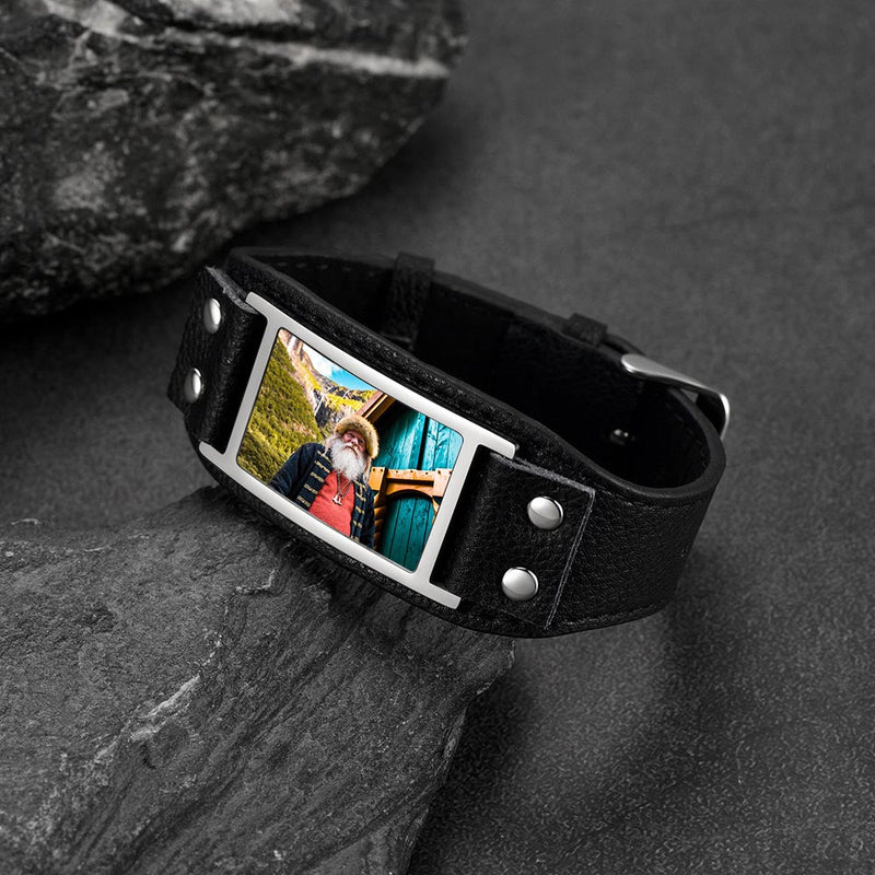 Personalized Picture Leather Bracelet Black Wristband for