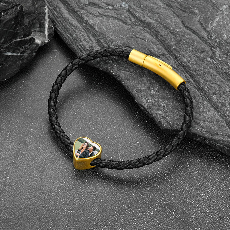 Customized Heart Black Braided Pu Leather Bracelet With Picture Memorial Gift