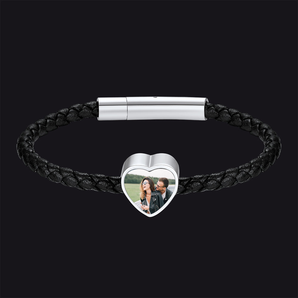 Customized Heart Black Braided Pu Leather Bracelet With Picture Memorial Gift