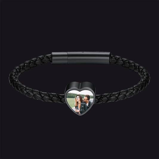 Customized Heart Black Braided Pu Leather Bracelet With Picture Memorial Gift