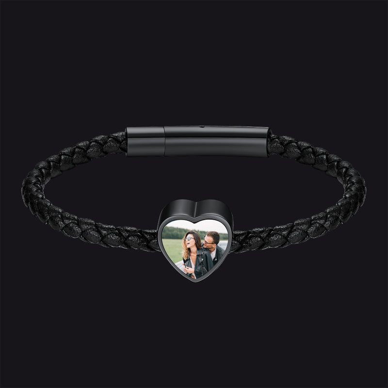 Customized Heart Black Braided Pu Leather Bracelet With Picture Memorial Gift