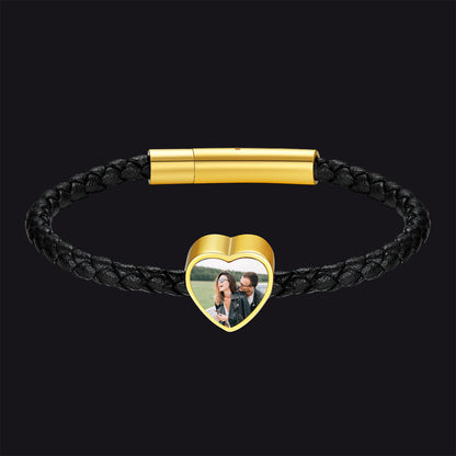 Customized Heart Black Braided Pu Leather Bracelet With Picture Memorial Gift