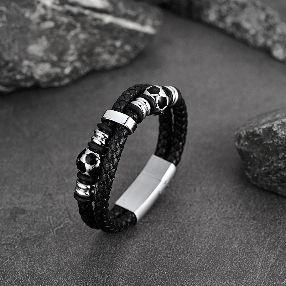 Punk Soccer Black Leather Braided Bracelet for