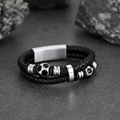 Punk Soccer Black Leather Braided Bracelet for