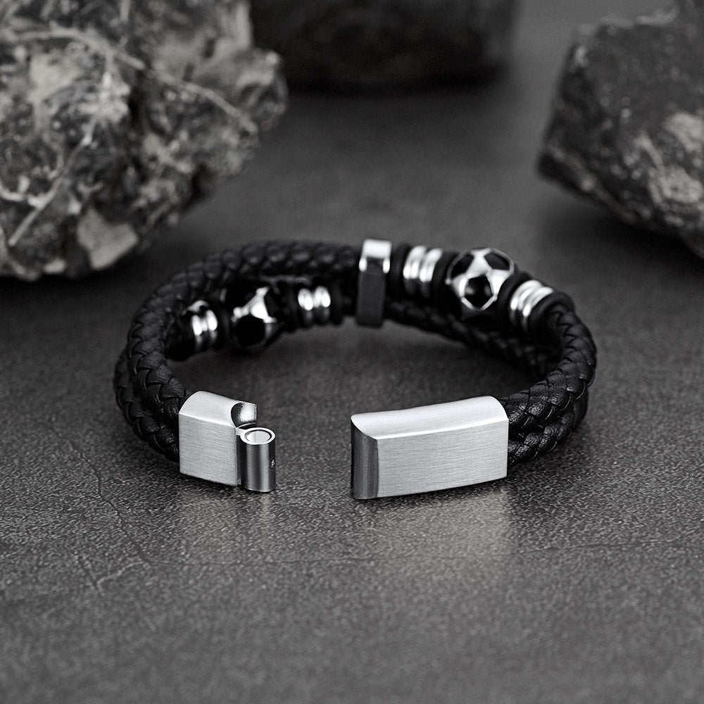 Punk Soccer Black Leather Braided Bracelet for