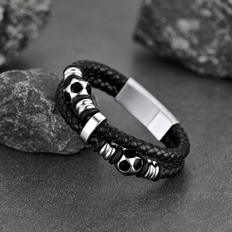 Punk Soccer Black Leather Braided Bracelet for