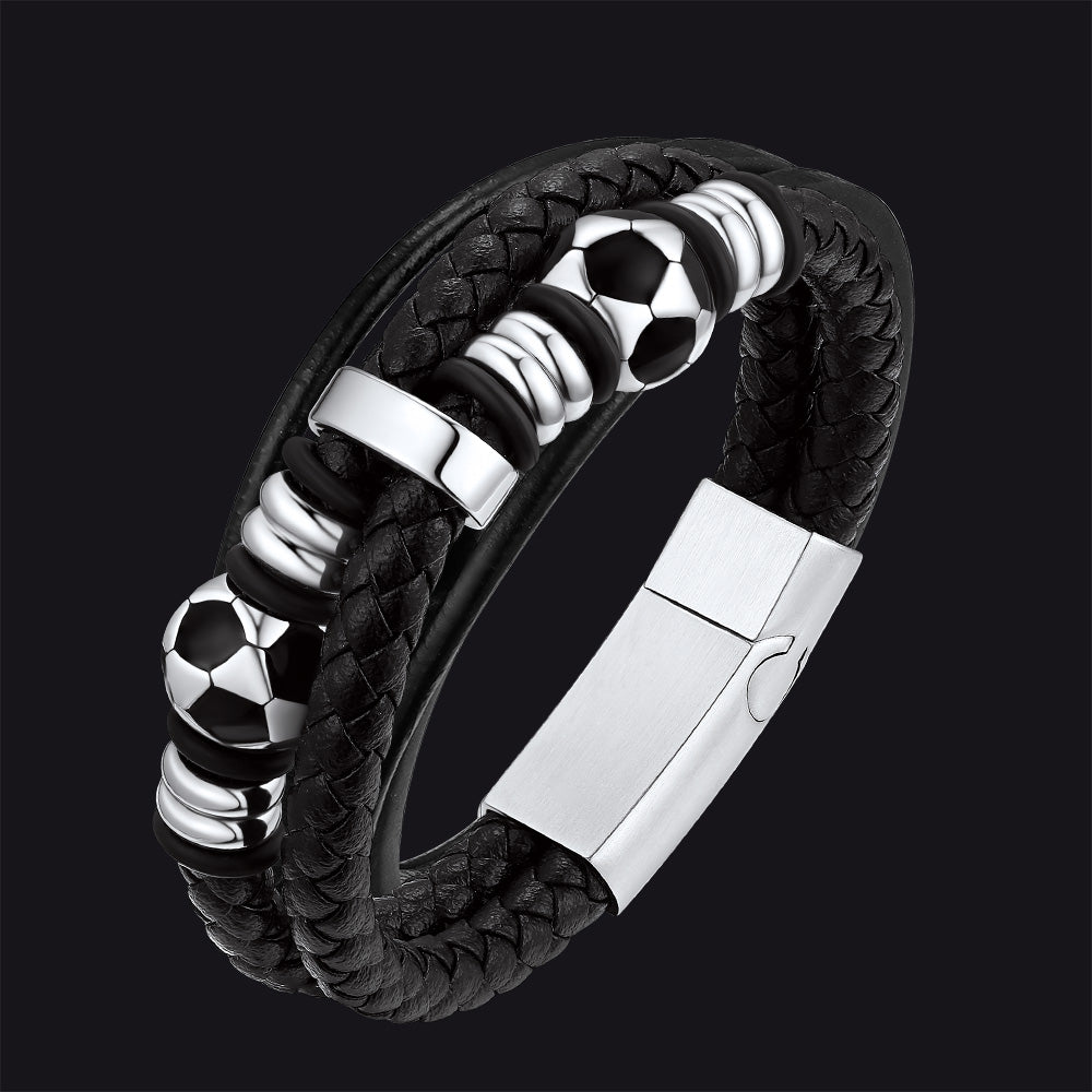 Punk Soccer Black Leather Braided Bracelet for