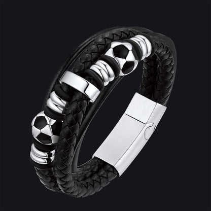 Punk Soccer Black Leather Braided Bracelet for