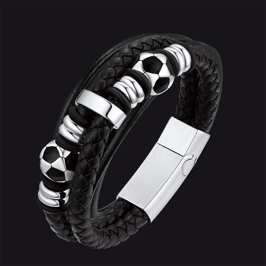 Punk Soccer Black Leather Braided Bracelet for