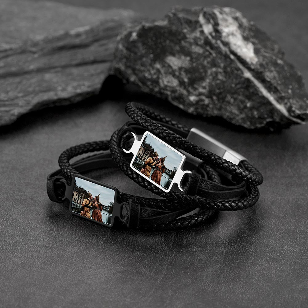 Personalized Picture Black Leather Bracelet Gift for